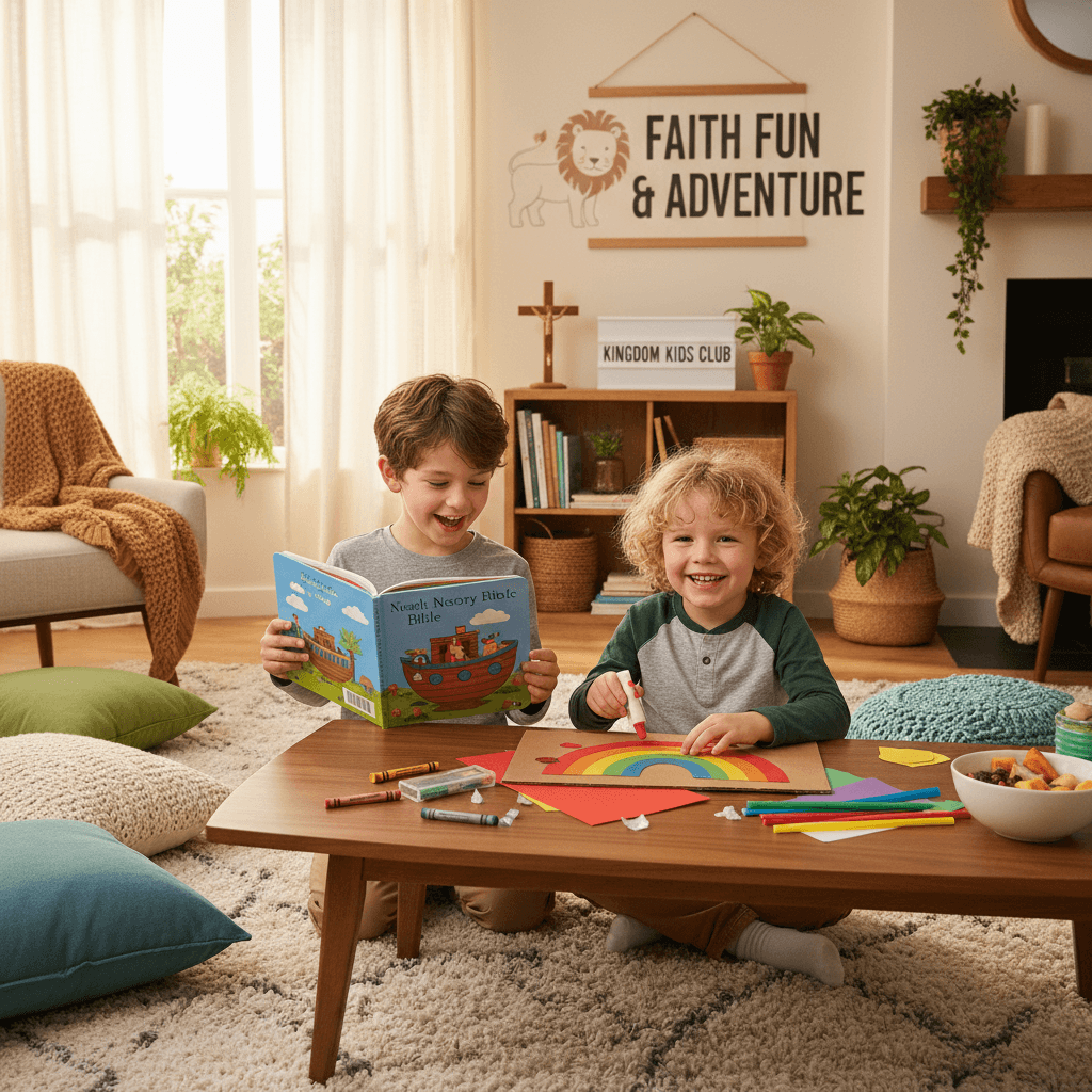 Two young boys reading a Bible and coloring a rainbow in a bright, cozy playroom.