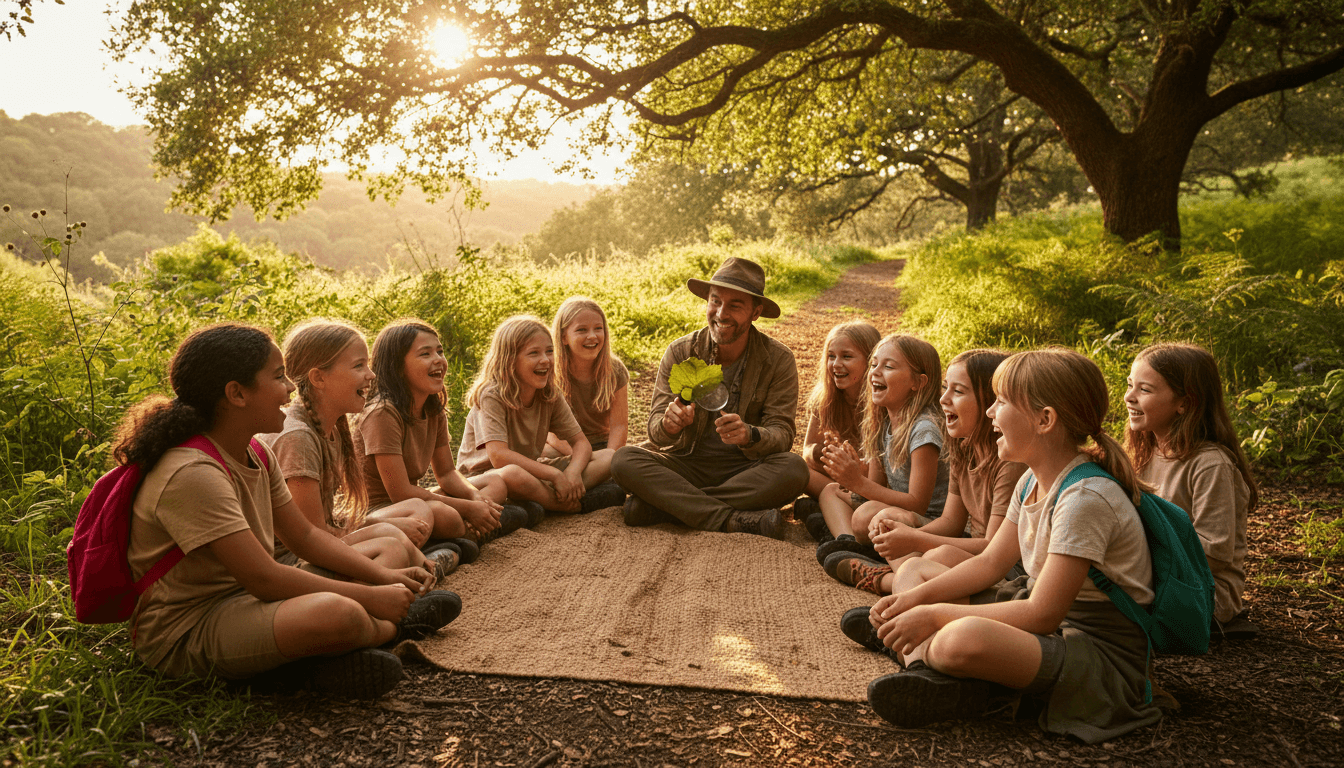 Children gathering together for an outdoor adventure activity in a warm, welcoming setting