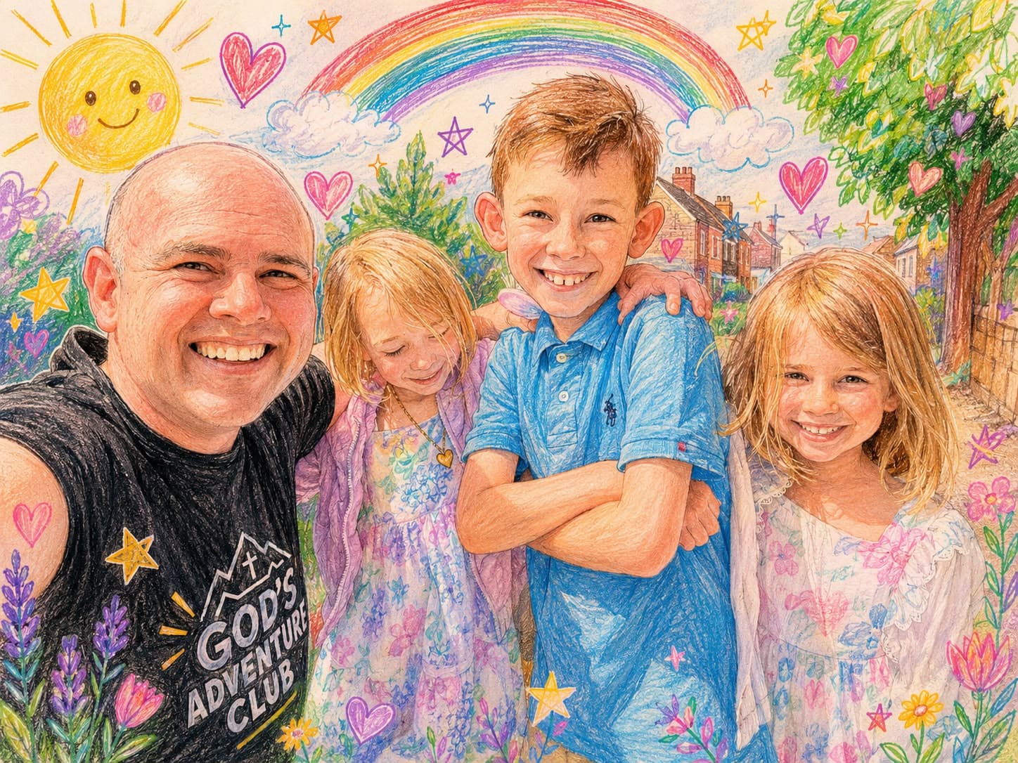 Whimsical colored pencil drawing of a smiling man and three children under a bright rainbow.