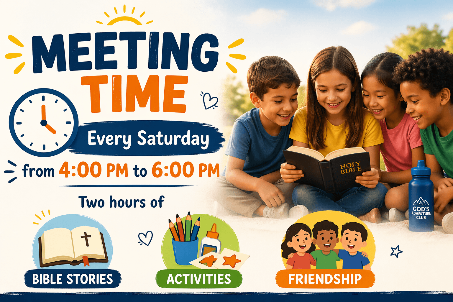 Flyer for Saturday youth meetings from 4-6 PM featuring Bible stories, activities, and friendship.